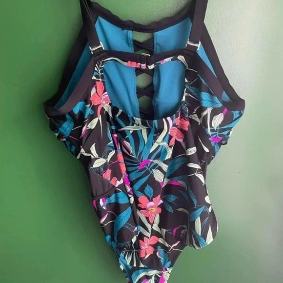 Time & Tru Plus Size 2x 20 22 Tropical zone Piece Swim Suit Sheer Panels Sexy - Picture 3 of 5